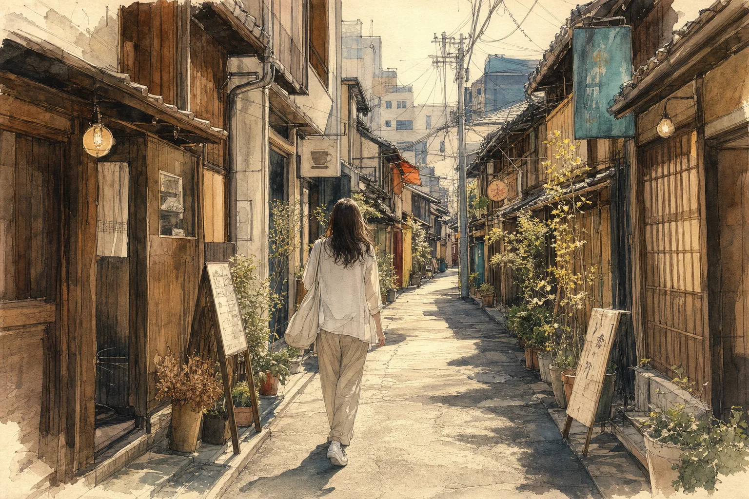 Watercolor illustration of a woman walking down a narrow, atmospheric Japanese alleyway with traditional wooden storefronts.