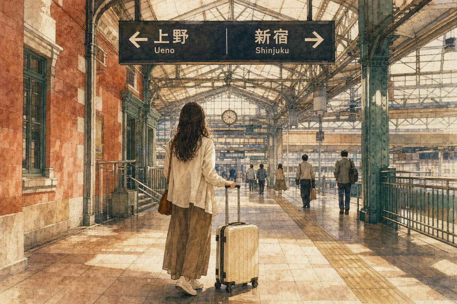 A traveler with a suitcase in a train station looks at a sign pointing left towards Ueno and right towards Shinjuku.