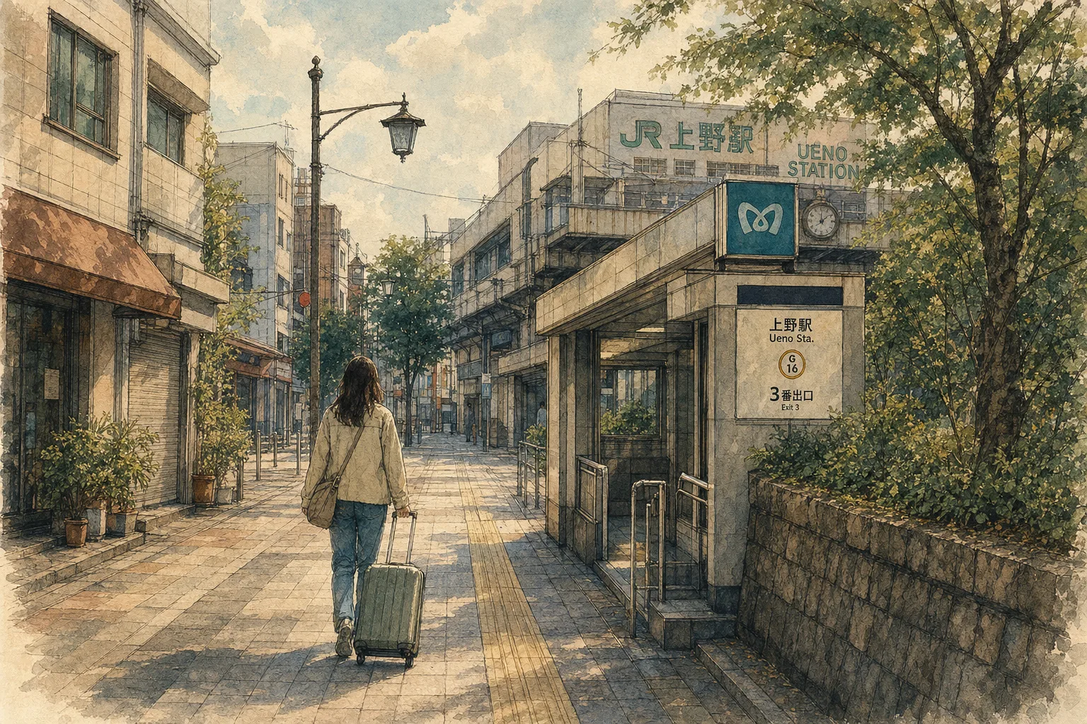 Watercolor illustration of a traveler with a suitcase walking past a quiet Tokyo subway entrance on a sunny street.