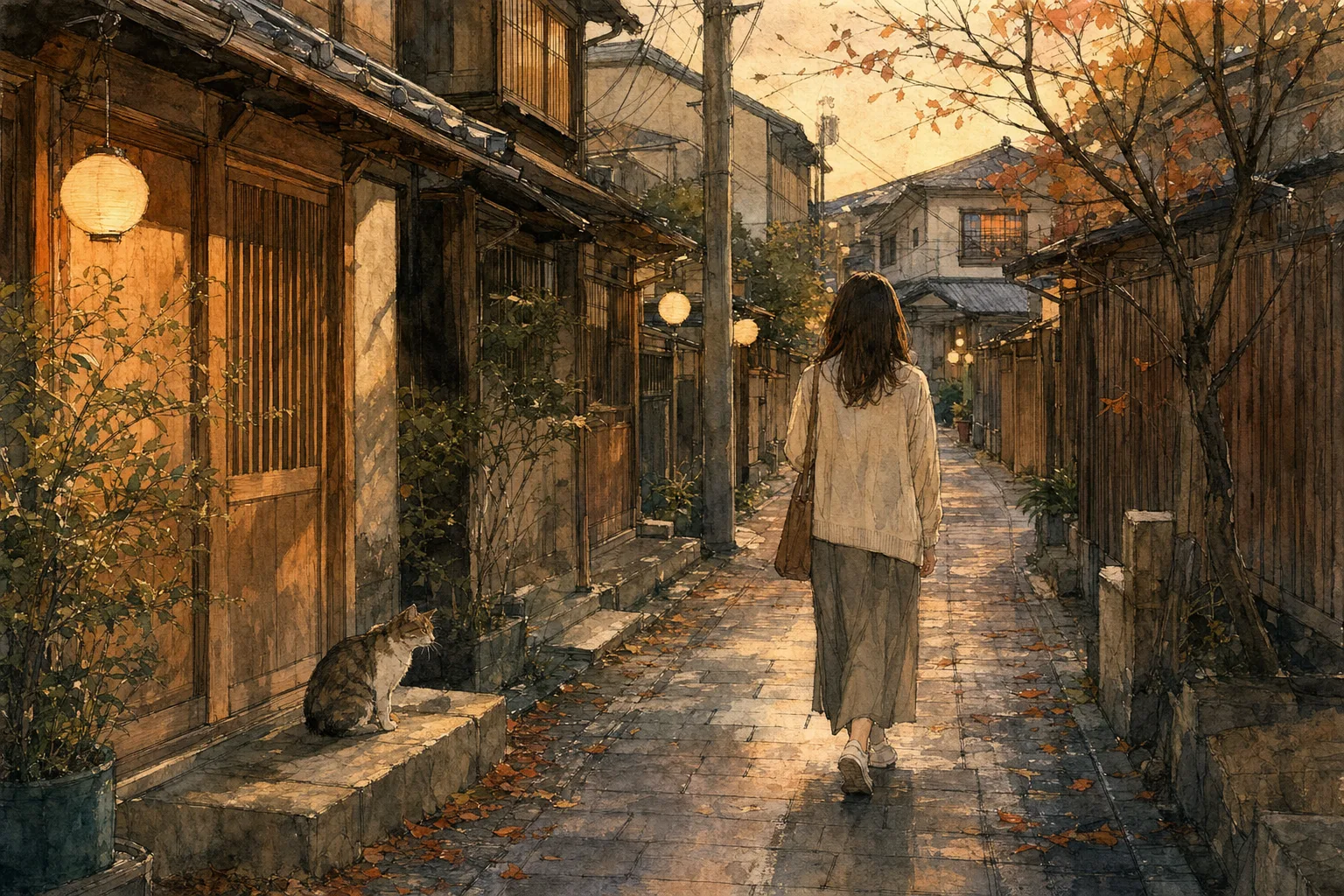 Watercolor illustration of a person in a trench coat walking down a quiet, narrow Japanese residential alley lined with glowing lanterns and traditional wooden buildings at dusk.
