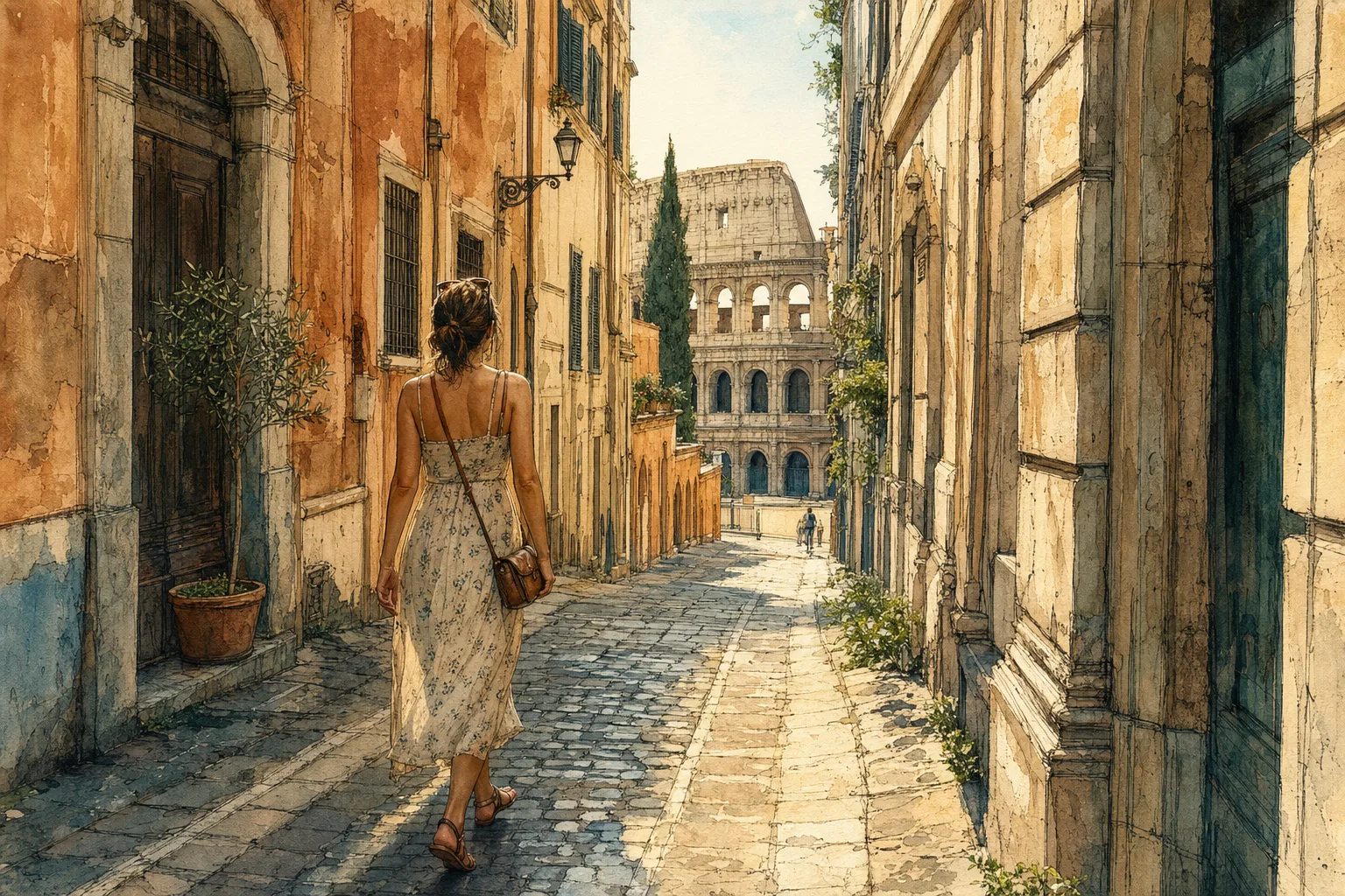Watercolor illustration of a woman walking down a sunny Roman street toward the Colosseum.
