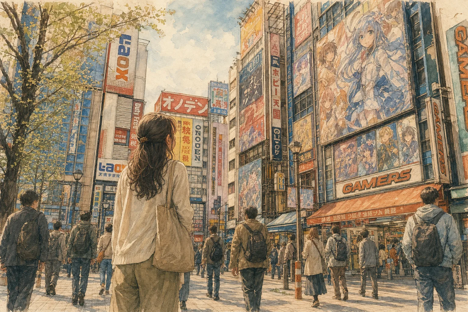 A watercolor illustration of a female traveler looking up at massive anime billboards in a crowded street in Akihabara.