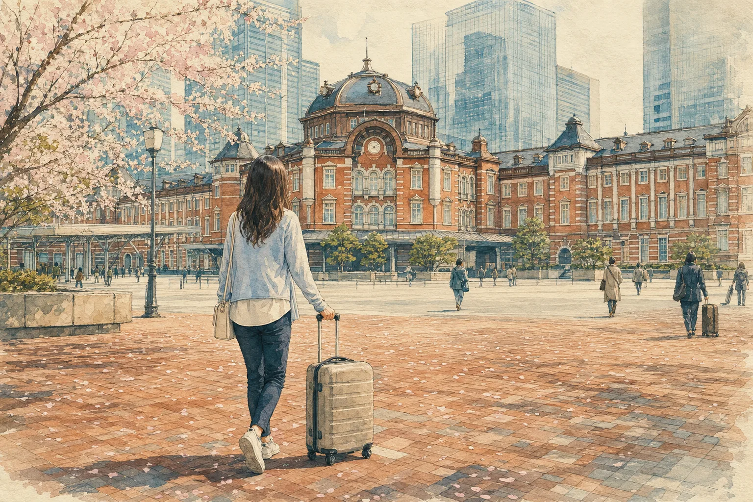 A watercolor illustration of a traveler with a suitcase standing before the historic red-brick facade of Tokyo Station.