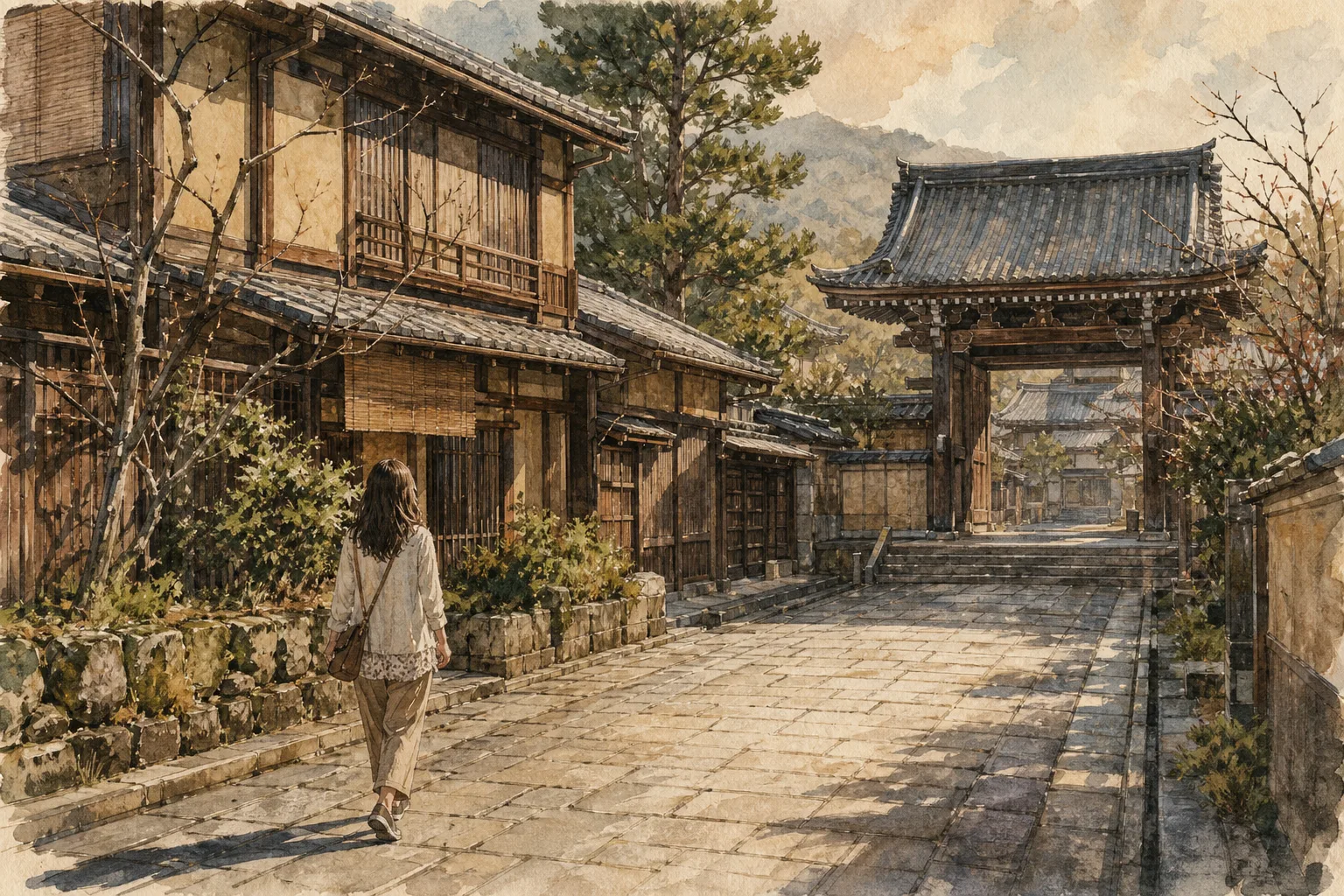 A watercolor painting depicts a person walking on a stone path towards a large traditional Japanese temple gate and buildings, with bare trees and long shadows suggesting late afternoon in winter.