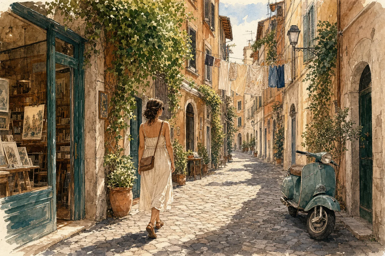 A watercolor painting of a woman walking down a sunny, narrow Roman cobblestone street past a parked vintage scooter and laundry hanging overhead.