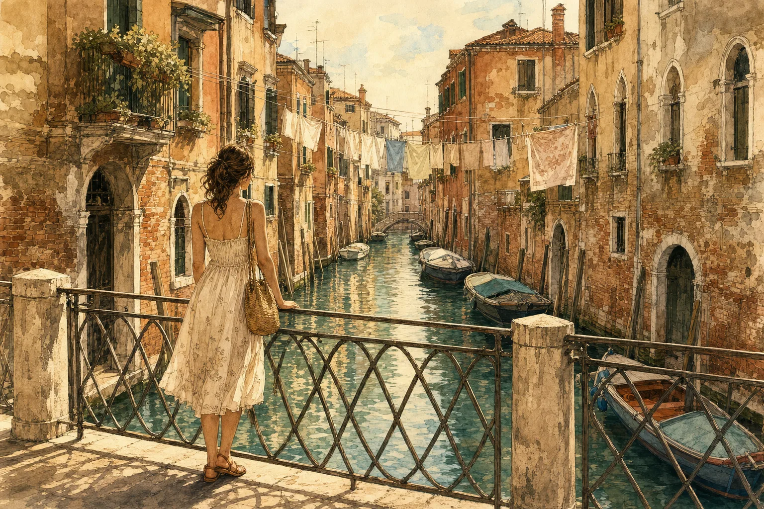 A watercolor illustration of a woman on a bridge overlooking a quiet Venetian canal with hanging laundry.