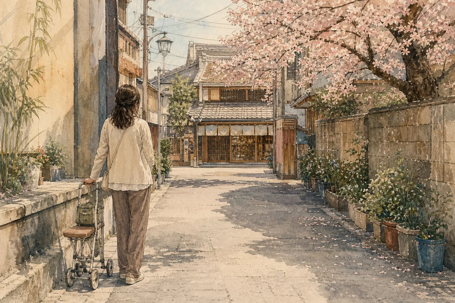 A watercolor-style illustration of a person with a rolling walker standing on a quiet, flat Japanese street with cherry blossoms.