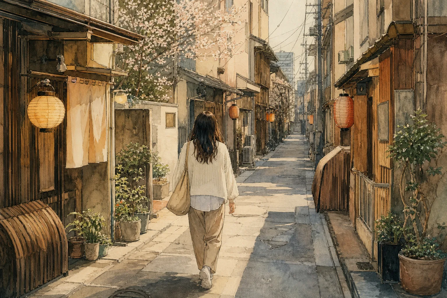 A watercolor illustration of a person walking down a quiet Japanese street lined with traditional eateries and lanterns.