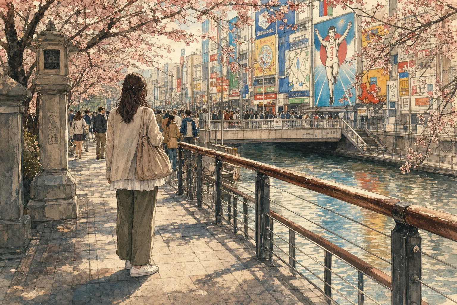 An illustration from behind of a solo traveler looking towards a crowded canal bridge in Osaka under blooming cherry blossoms.