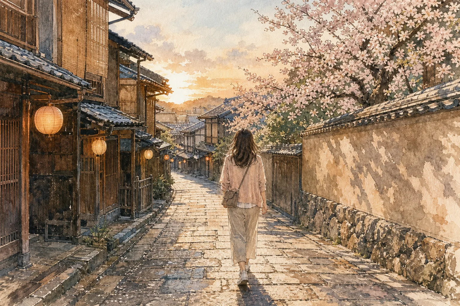 A watercolor illustration of a traveler walking down a historic Kyoto street at sunrise next to a blooming cherry blossom tree.