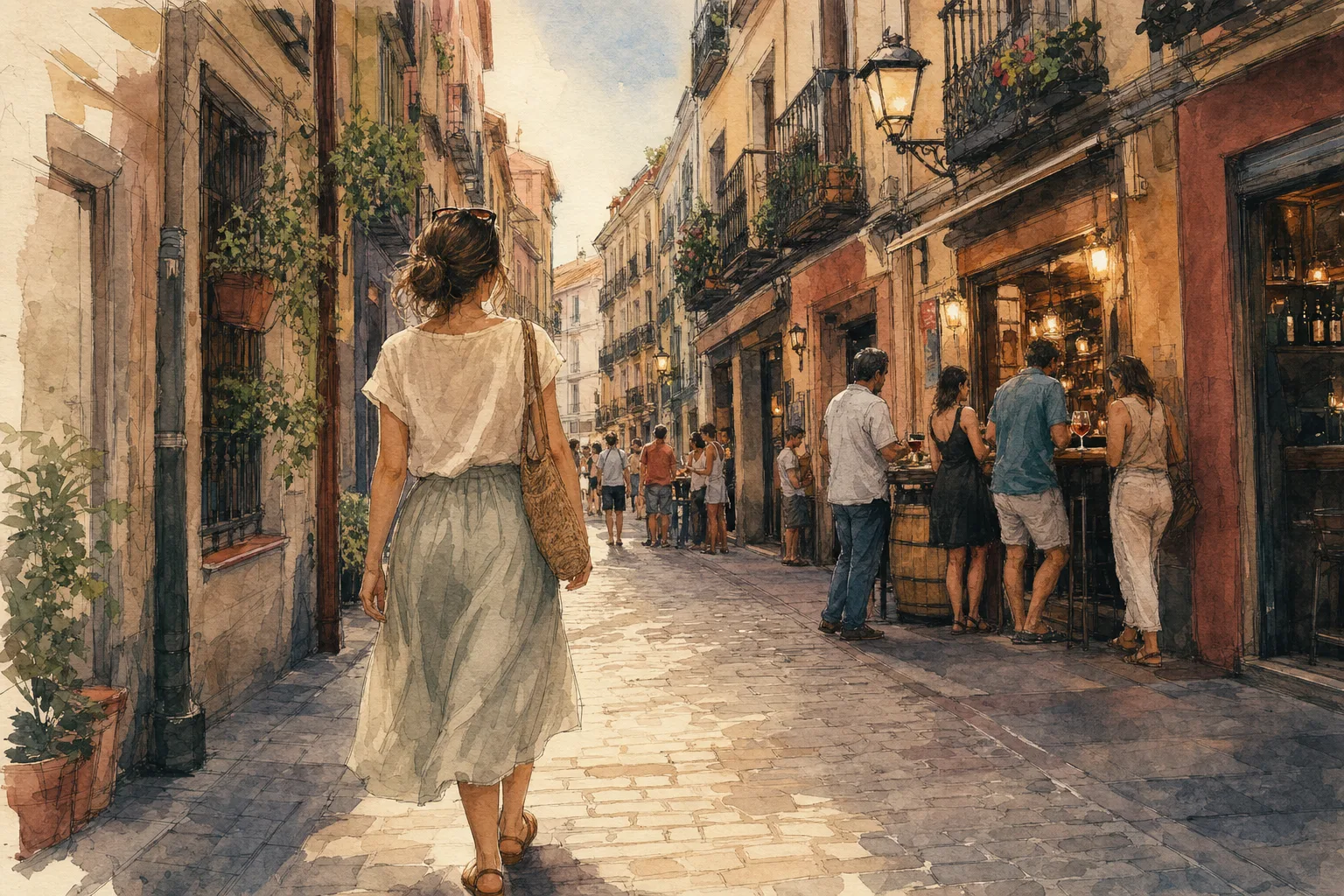 A watercolor painting of a woman walking down a narrow European street with lively outdoor cafes.