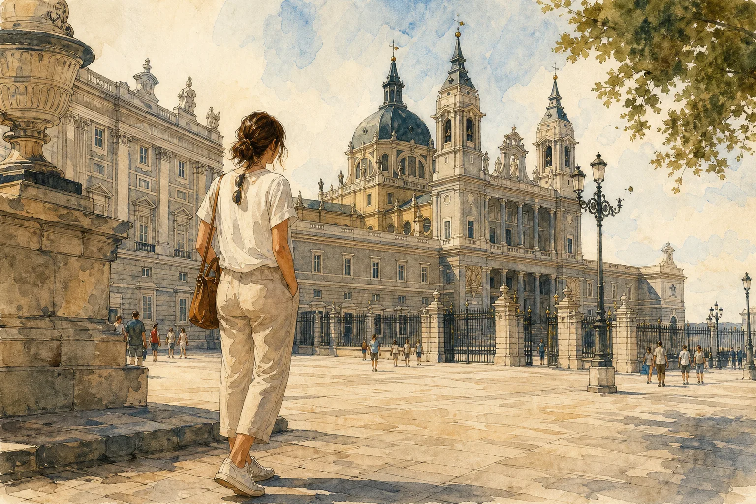 A watercolor illustration of a female traveler looking at the grand Almudena Cathedral in Madrid on a sunny day.