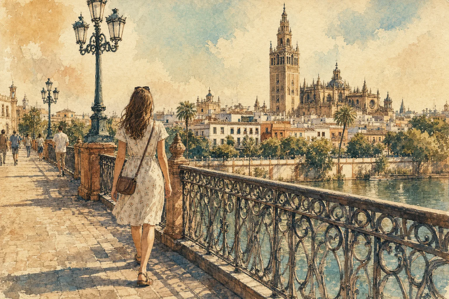 A watercolor illustration of a woman walking along a bridge overlooking a river with the Seville Cathedral and Giralda tower in the background.