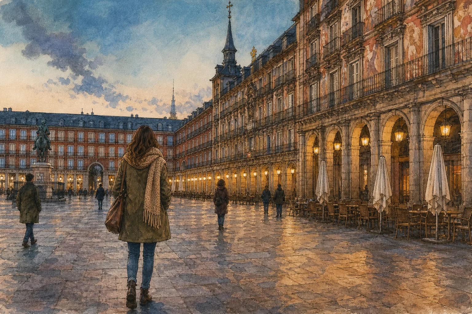 Watercolor illustration of Plaza Mayor in Madrid at winter dusk, with people in warm coats walking on wet cobblestones.