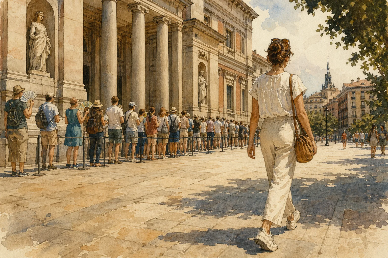 A woman in a light summer outfit pausing in a shaded plaza in central Madrid on a hot afternoon, seen from behind