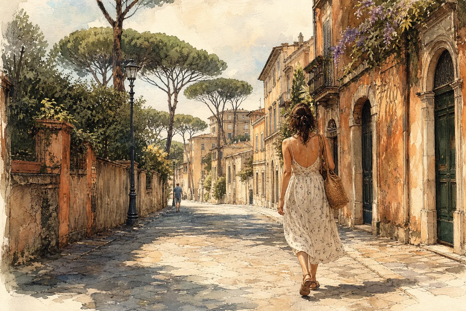 A watercolor drawing of a woman in a white dress walking along a sun-drenched cobblestone street in Rome.