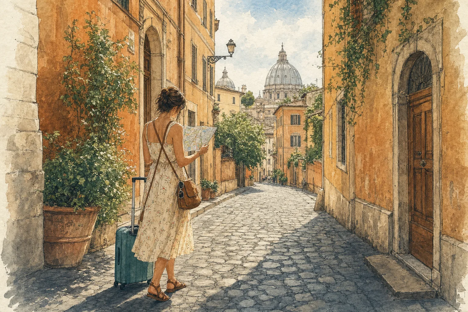 Watercolor of a traveler with a suitcase holding a map on a cobblestone street in Rome, looking toward St. Peter's Basilica.