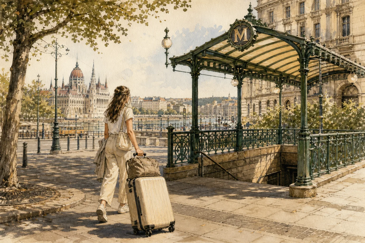 A woman pulling a large suitcase toward a Budapest metro station entrance in summer