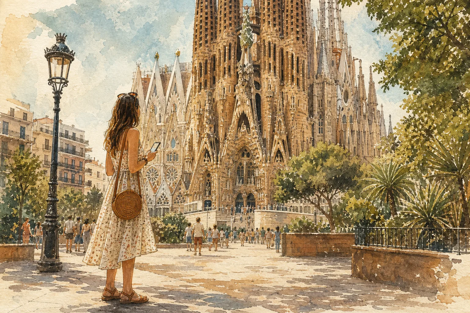 Editorial illustration: A woman in her 20s wearing a light summer dress and sandals.