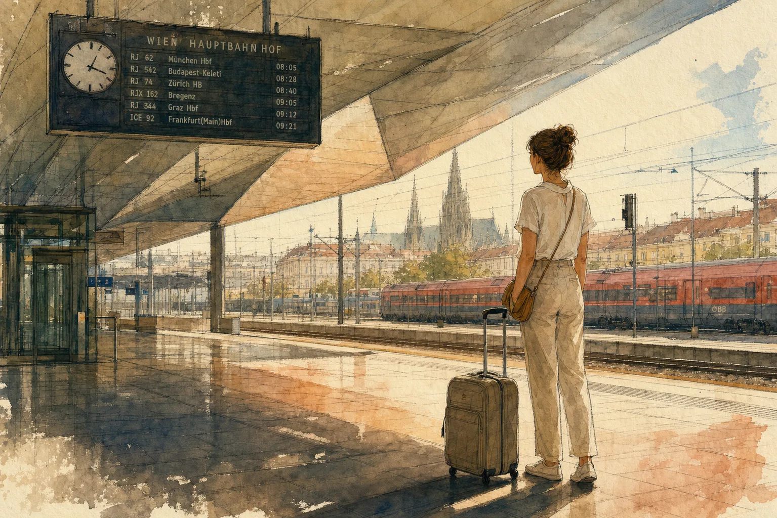 Editorial illustration: A woman in her 20s wearing a light short-sleeve blouse and light trousers with comfortable walking shoes.