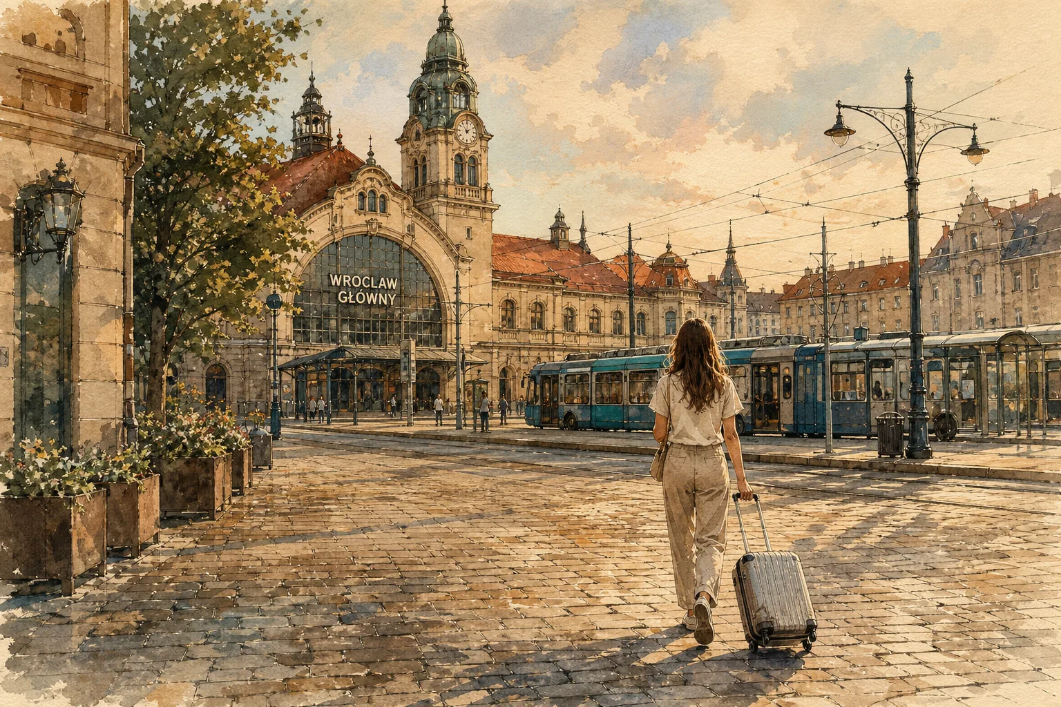 A woman pulling a rolling suitcase across a cobblestone plaza toward a tram stop near a Central European train station in the early evening