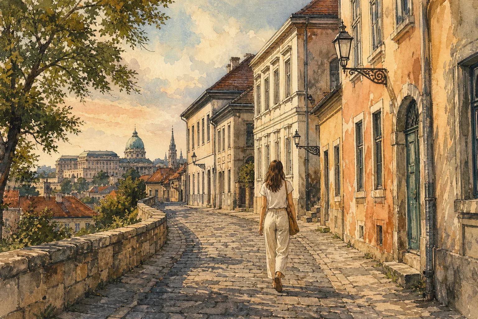 Editorial illustration: A woman in her 20s wearing a light short-sleeve top and light trousers.