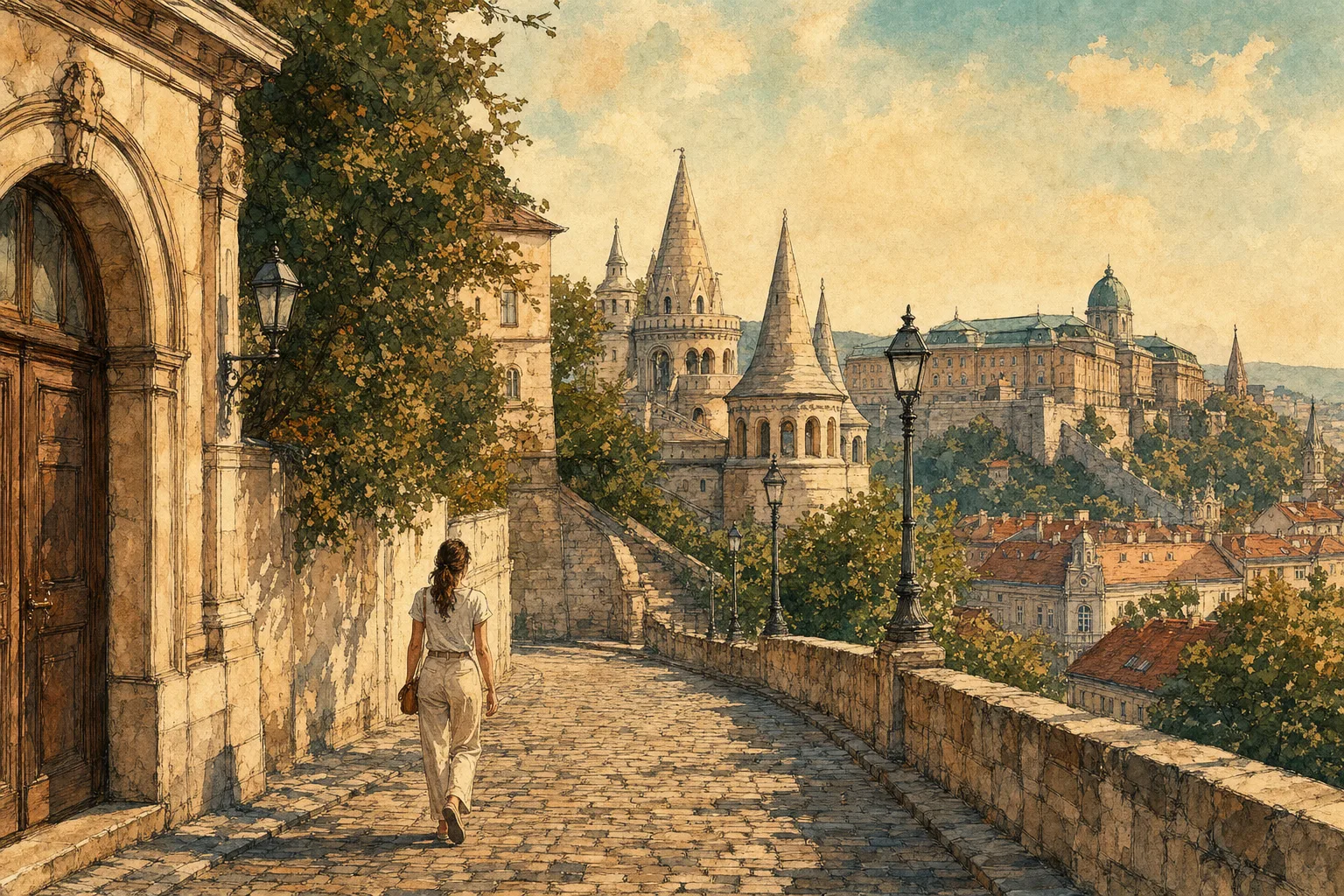 A woman walking away from the camera along a quiet cobblestone street near Buda Castle in the early evening