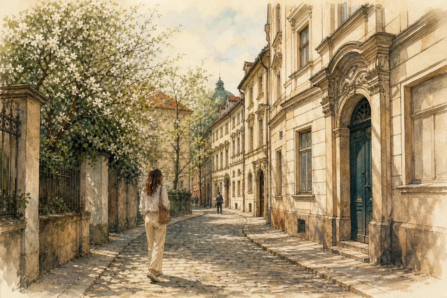 Editorial illustration: A woman in her 20s wearing a light blouse with light trousers and comfortable walking shoes.