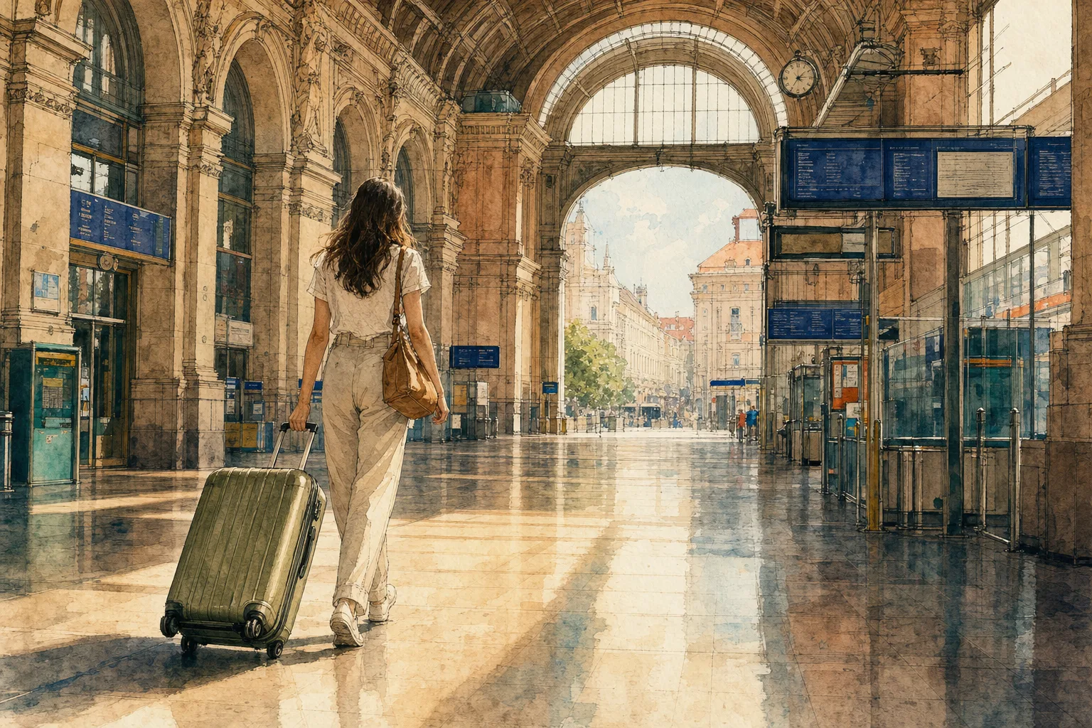 A traveler pulling a heavy suitcase across a level station hall in Vienna, no stairs in sight