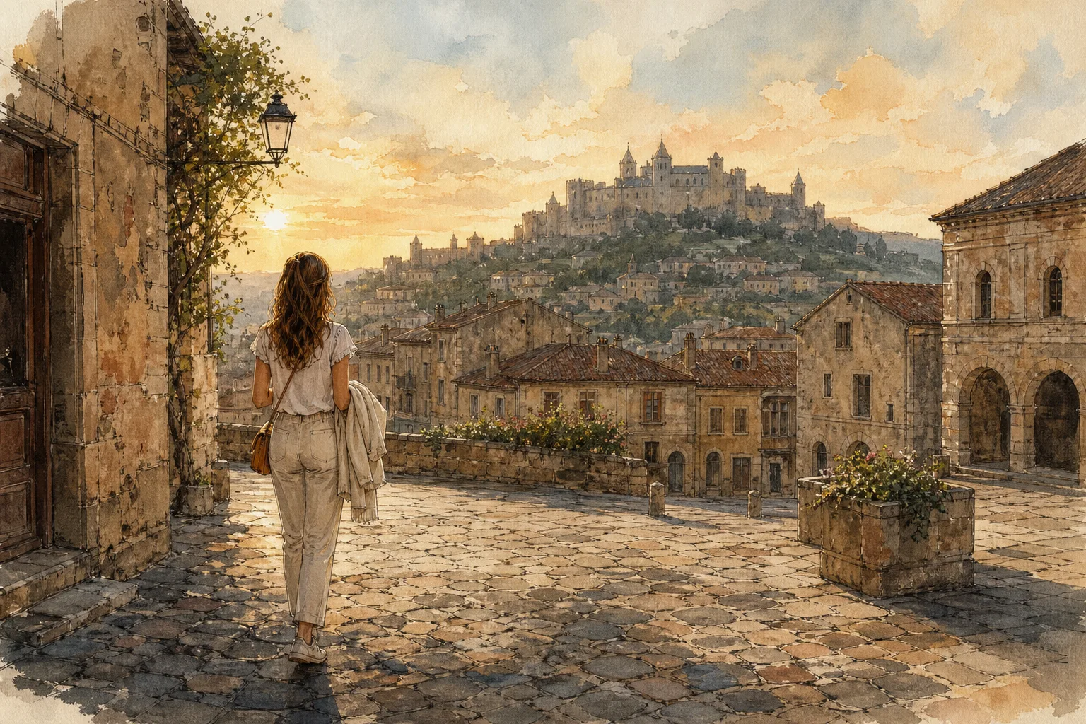 Editorial illustration: A woman in her 20s wearing a light short-sleeve blouse and light trousers.