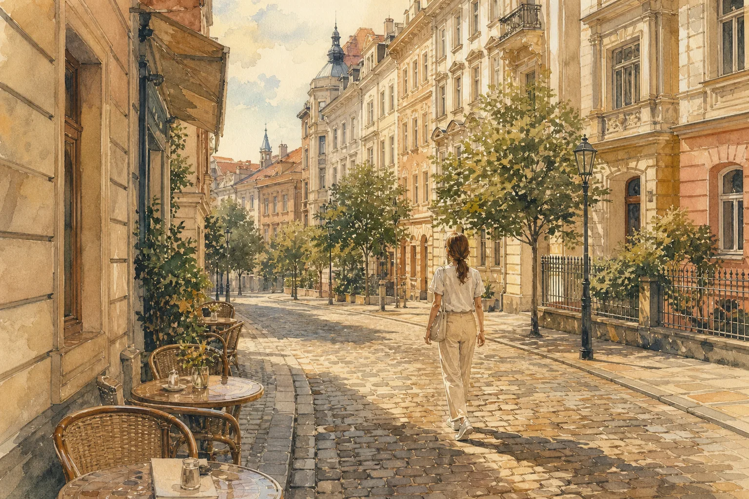 A woman in summer clothing walking slowly along a quiet cobblestone street in Prague, away from the main crowds