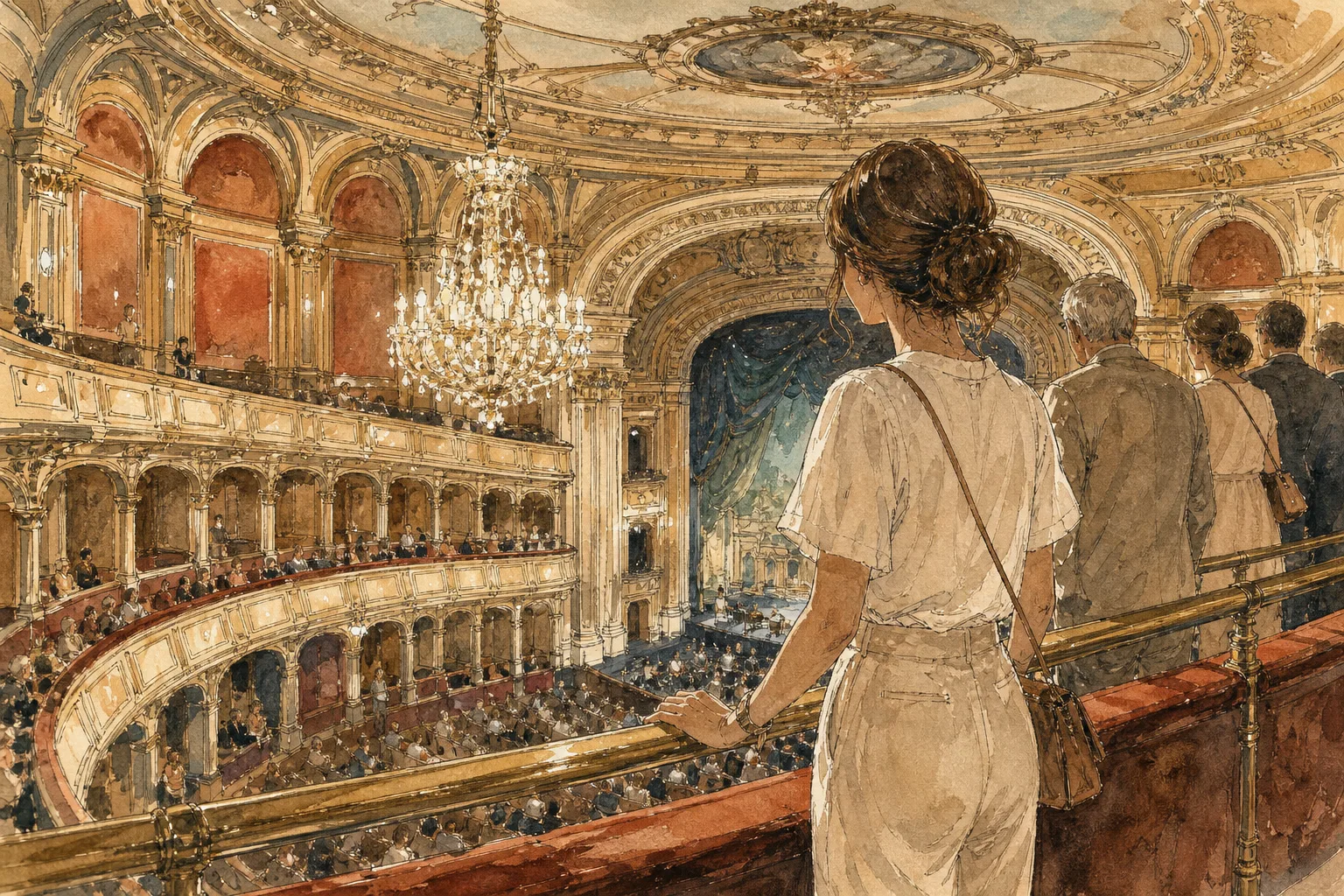 A woman in light summer clothing stands at the back viewing rail of the Vienna State Opera auditorium during a performance.