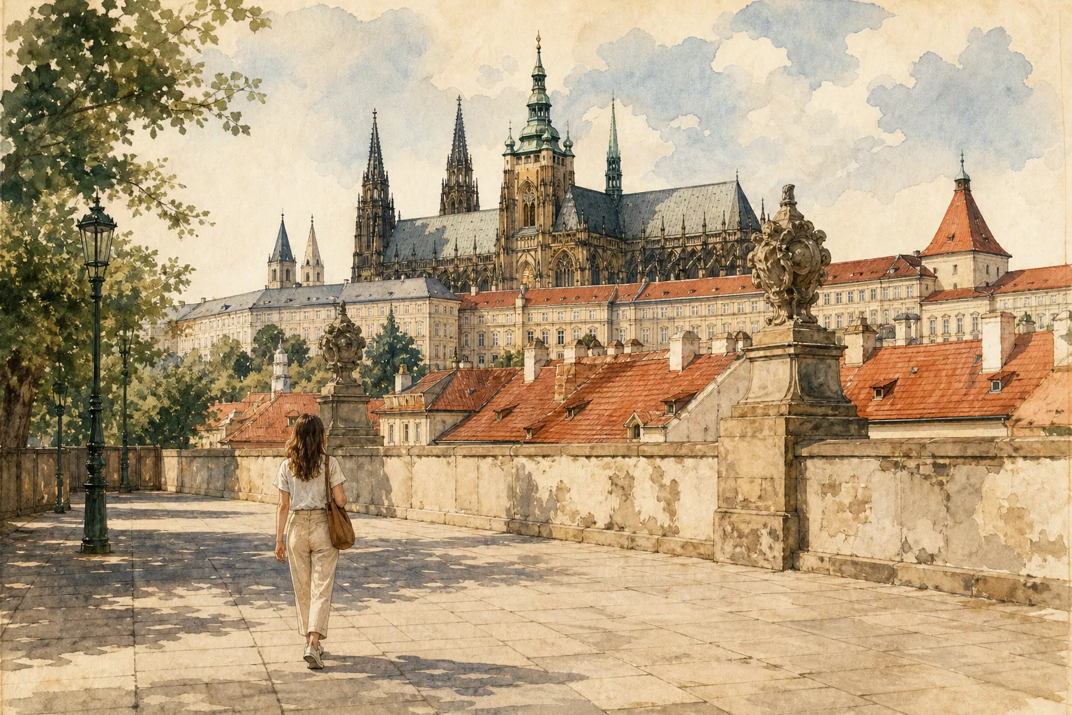 Editorial illustration: A woman in her 20s wearing a light short-sleeve blouse and light trousers with comfortable walking shoes.