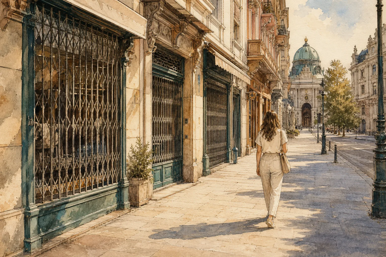 Editorial illustration: A woman in her 20s wearing a light short-sleeve blouse and light trousers.