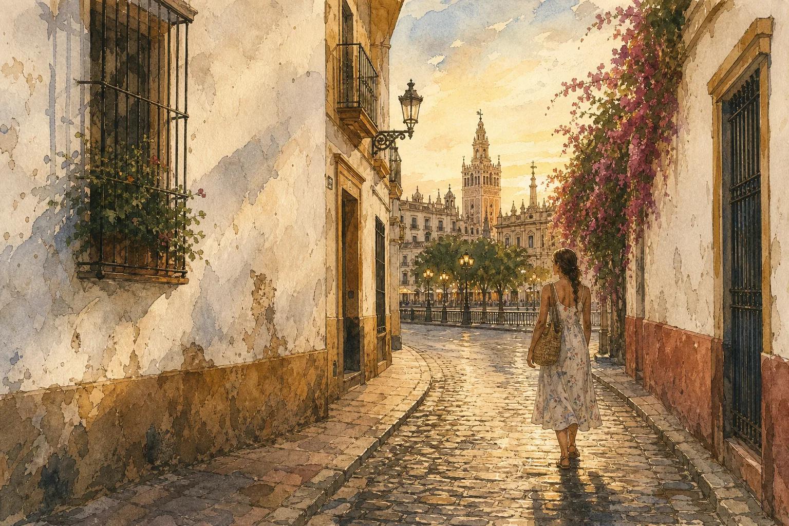 A woman walks alone down a quiet Seville side street near El Arenal in the evening, away from a lit restaurant terrace