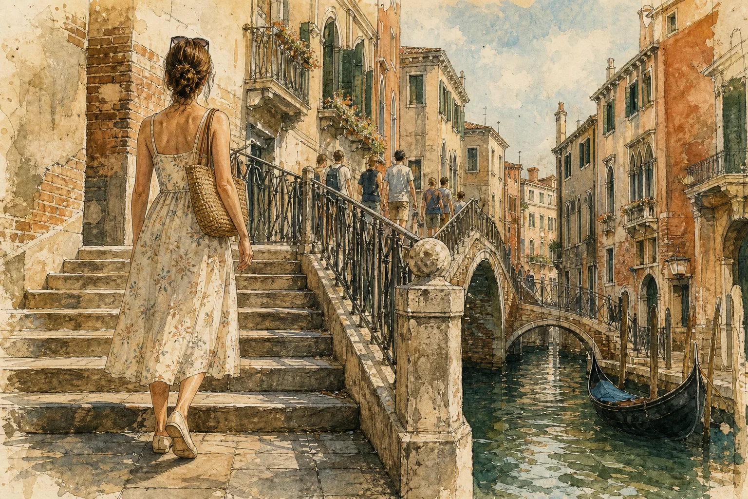 Editorial illustration: A woman in her 20s in a light summer dress and flat walking shoes.