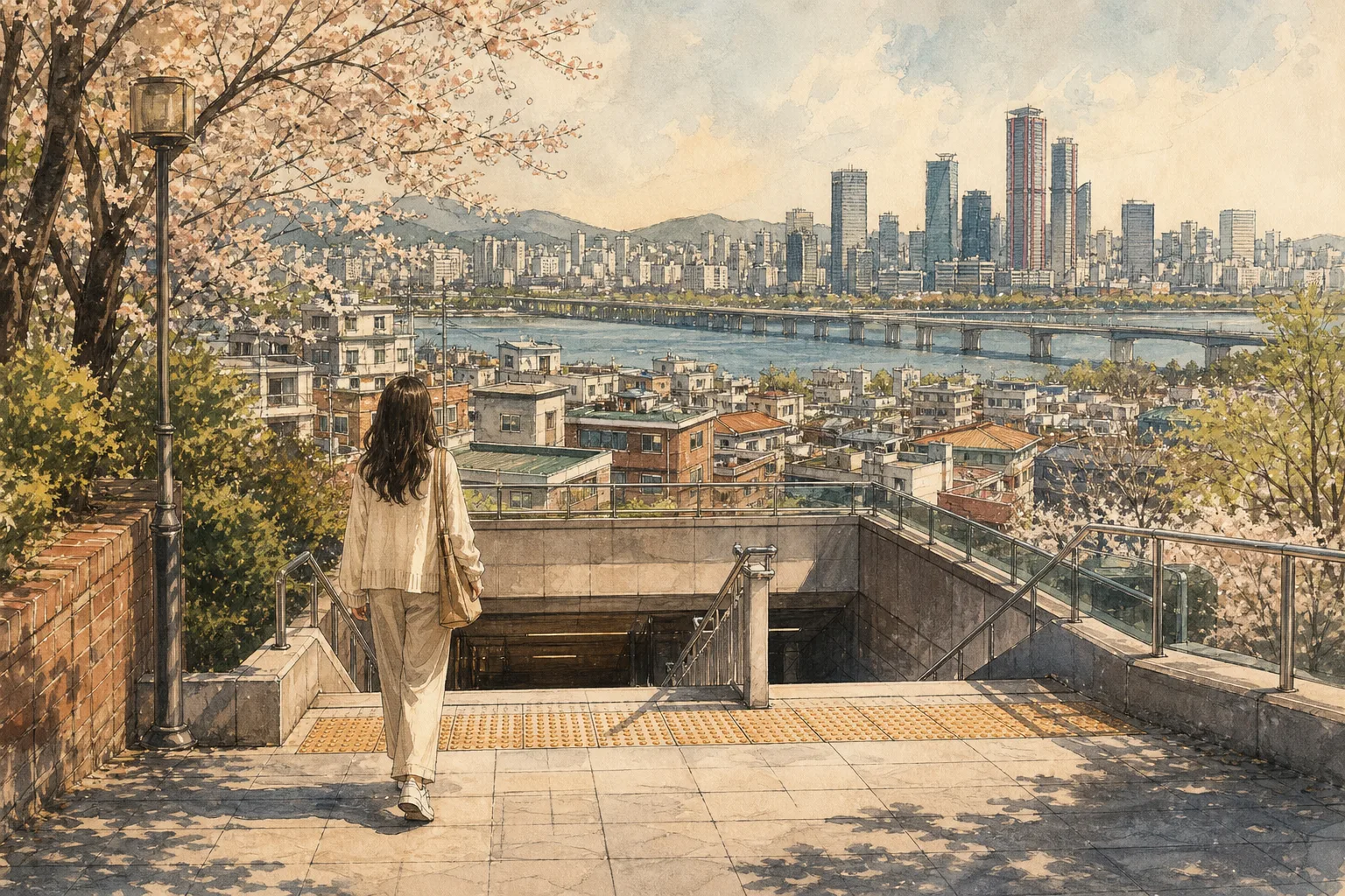 Editorial illustration: A woman in her 20s wearing a light long-sleeve blouse with a thin cardigan.