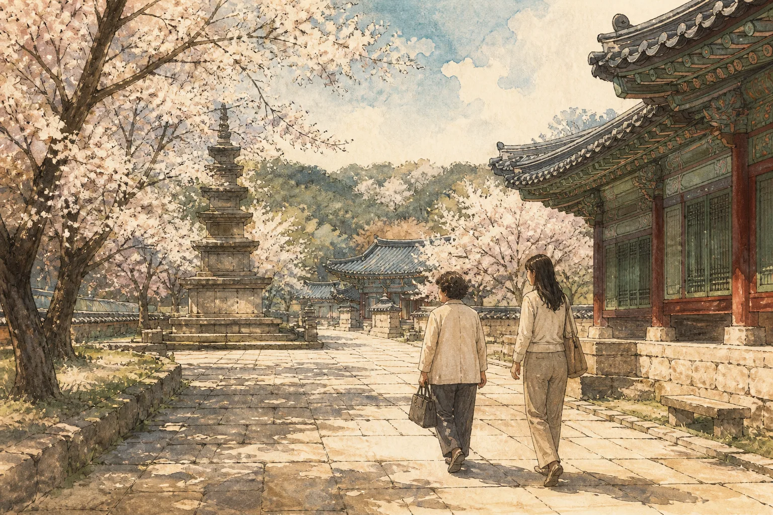Editorial illustration: A woman in her 20s wearing a light blouse with a thin cardigan and comfortable trousers walks a few steps behind and beside an older relative along a wide.