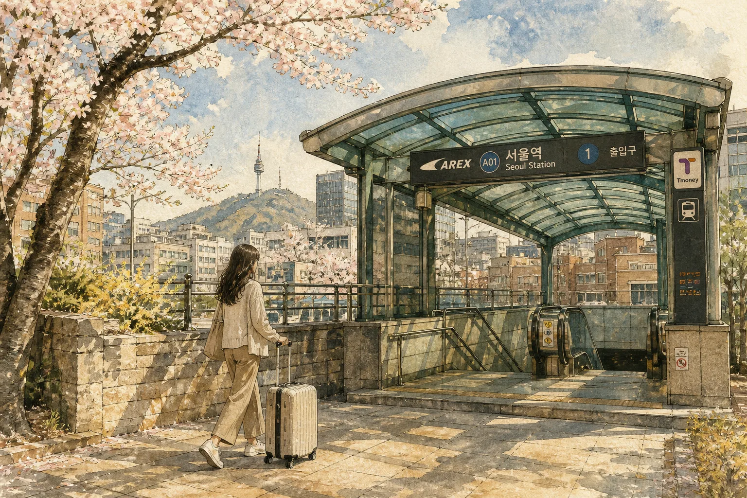 A woman in spring clothing checking her phone while walking with a rolling suitcase near a Seoul subway station entrance
