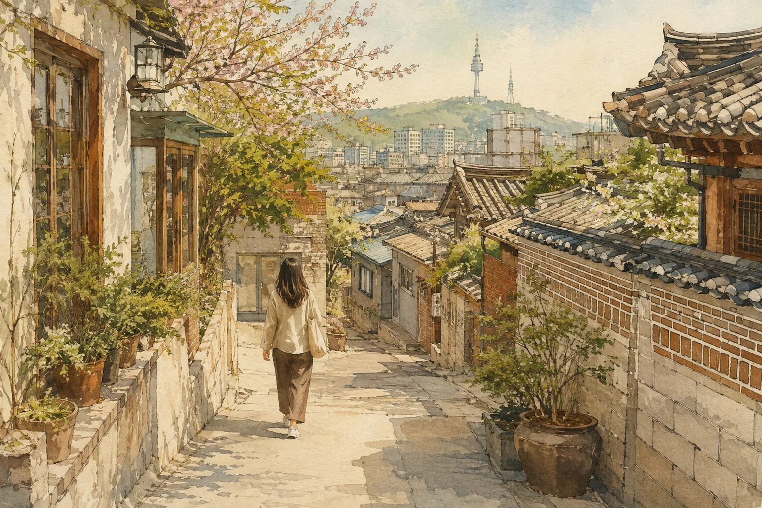 A woman walks alone down a quiet low-rise Seoul neighborhood lane in spring afternoon light, hanok rooflines and small shopfronts around her