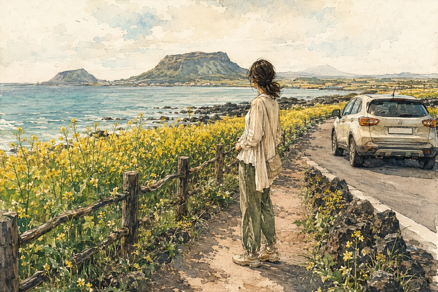 Editorial illustration: One woman in her 20s wearing a light layered top with a thin cardigan.