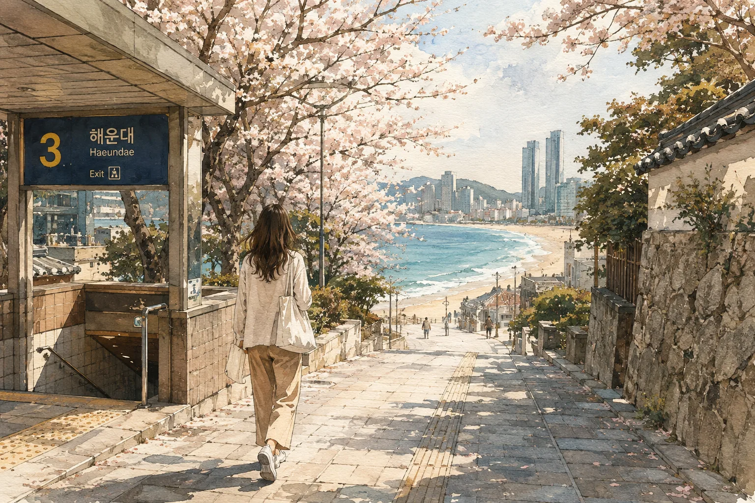 A woman in her 20s walking from a Busan subway exit toward Haeundae Beach during spring