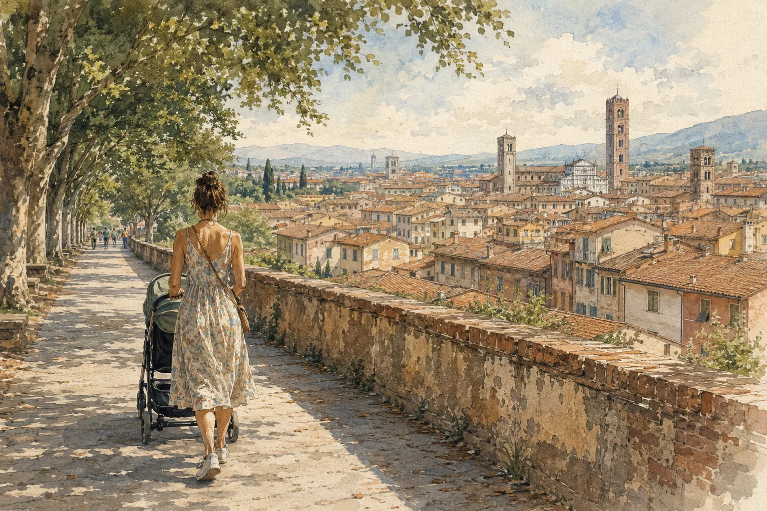 Editorial illustration: A woman in her 20s wearing a light summer dress and comfortable walking shoes.