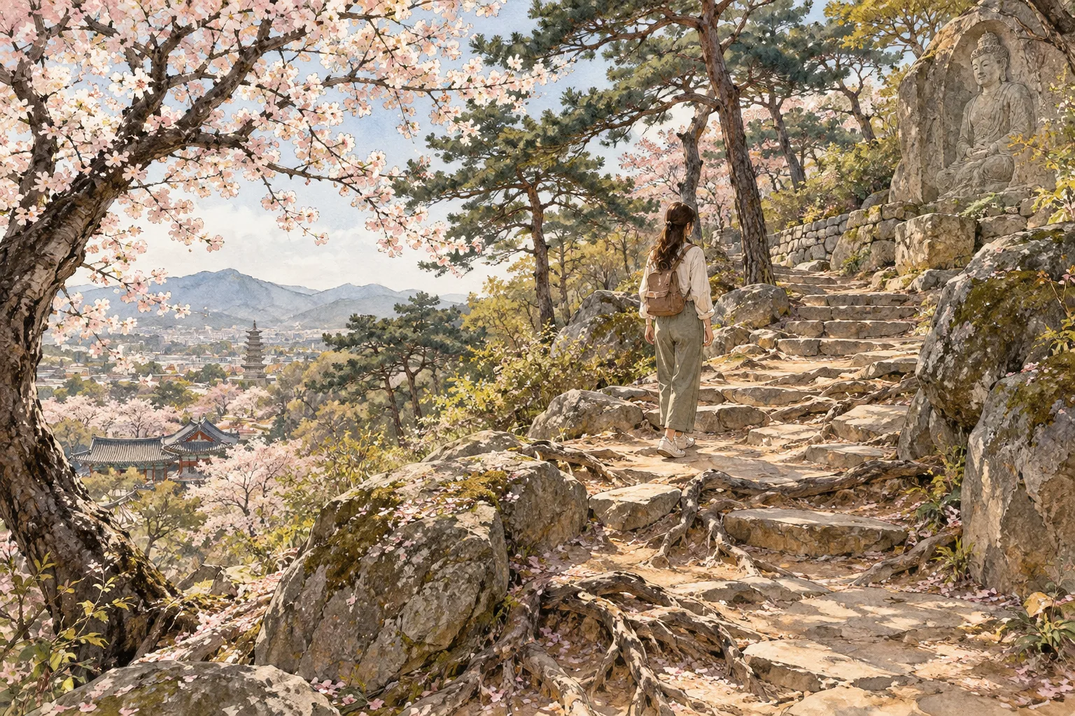 Editorial illustration: One woman in her 20s in mild spring clothing (light blouse with a thin cardigan.