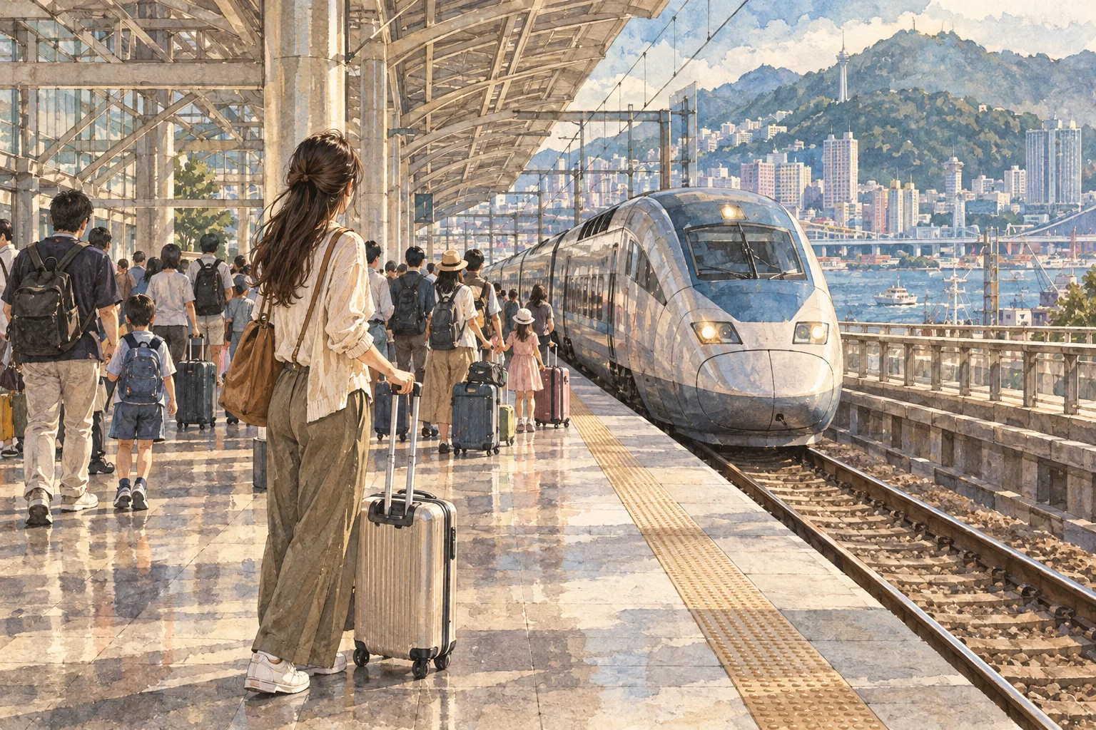 Editorial illustration: A woman in her 20s stands on a busy KTX platform at Busan Station.