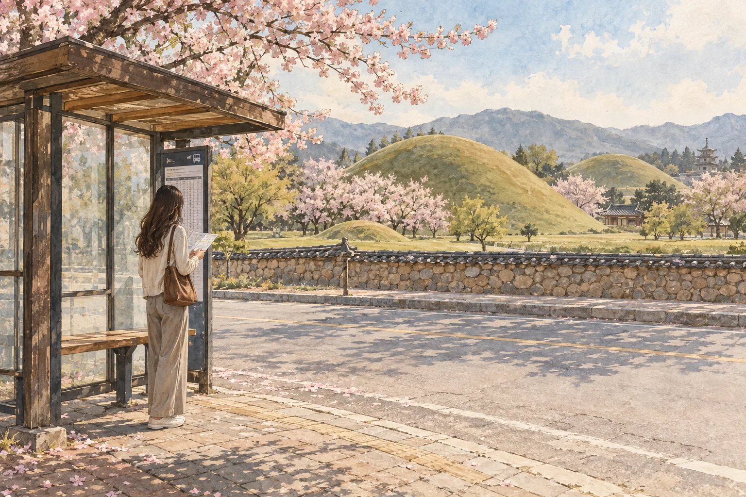 A traveler at a bus stop near the tomb mounds of Daereungwon park in Gyeongju, checking a bus schedule to decide whether to travel further out to the temple sites.