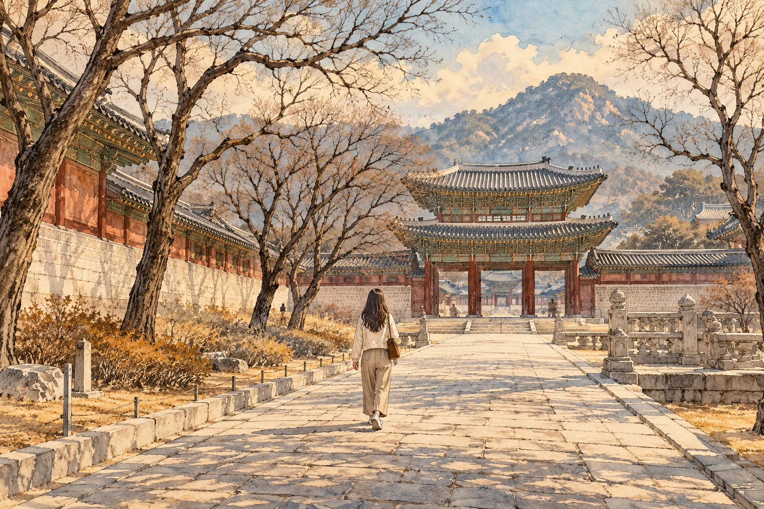 A young woman in a light spring jacket walks along a quiet Seoul street, seen from behind